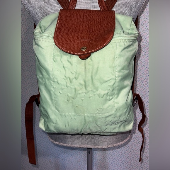 Longchamp Le Pliage Original Foldable Backpack Pretty Green with Brown Leather - Picture 16 of 16